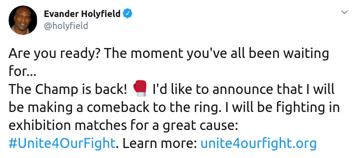 Скриншот сообщения Эвандера Холифилда о возвращении в ринг на его странице в Twitter