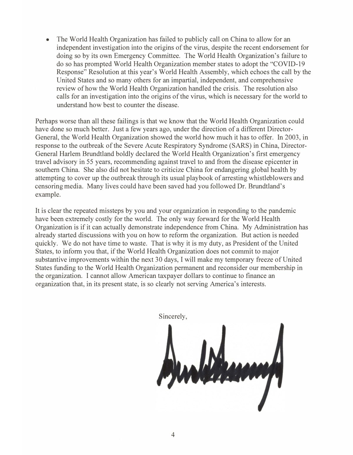 Письмо президента США Дональда Трампа главе ВОЗ Тедросу Гебрейесусу