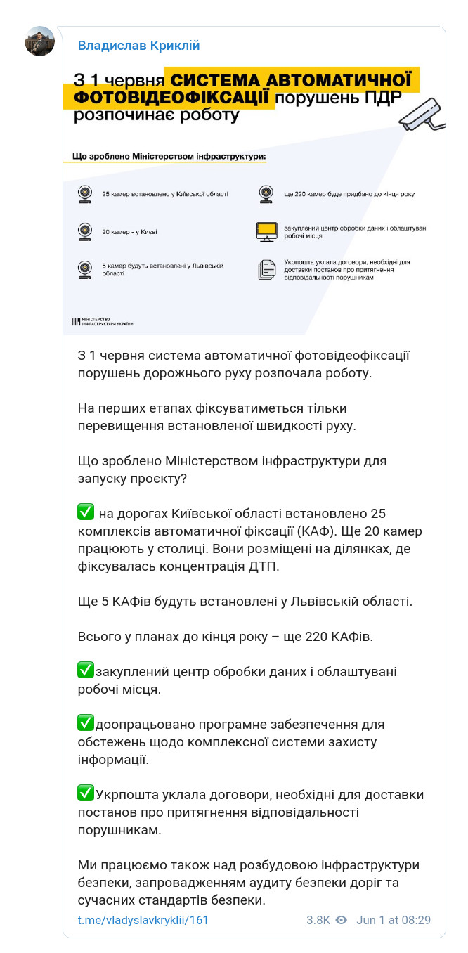 Скриншот сообщения министра транспорта Владислава Криклия в Telegram