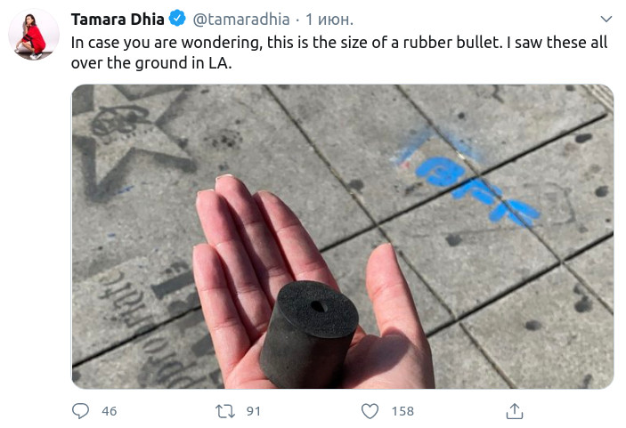 Американская журналистка опубликовала в Twitter резиновую пулю, которую используют полицейские в Лос-Анджелесе